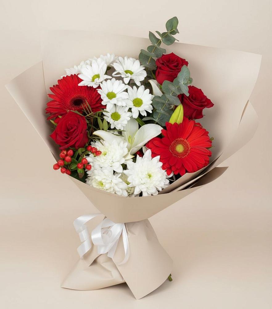 Букет цветов из: Розы, Хризантемы, Герберы и Лилии в Поселок дома отдыха Успенское